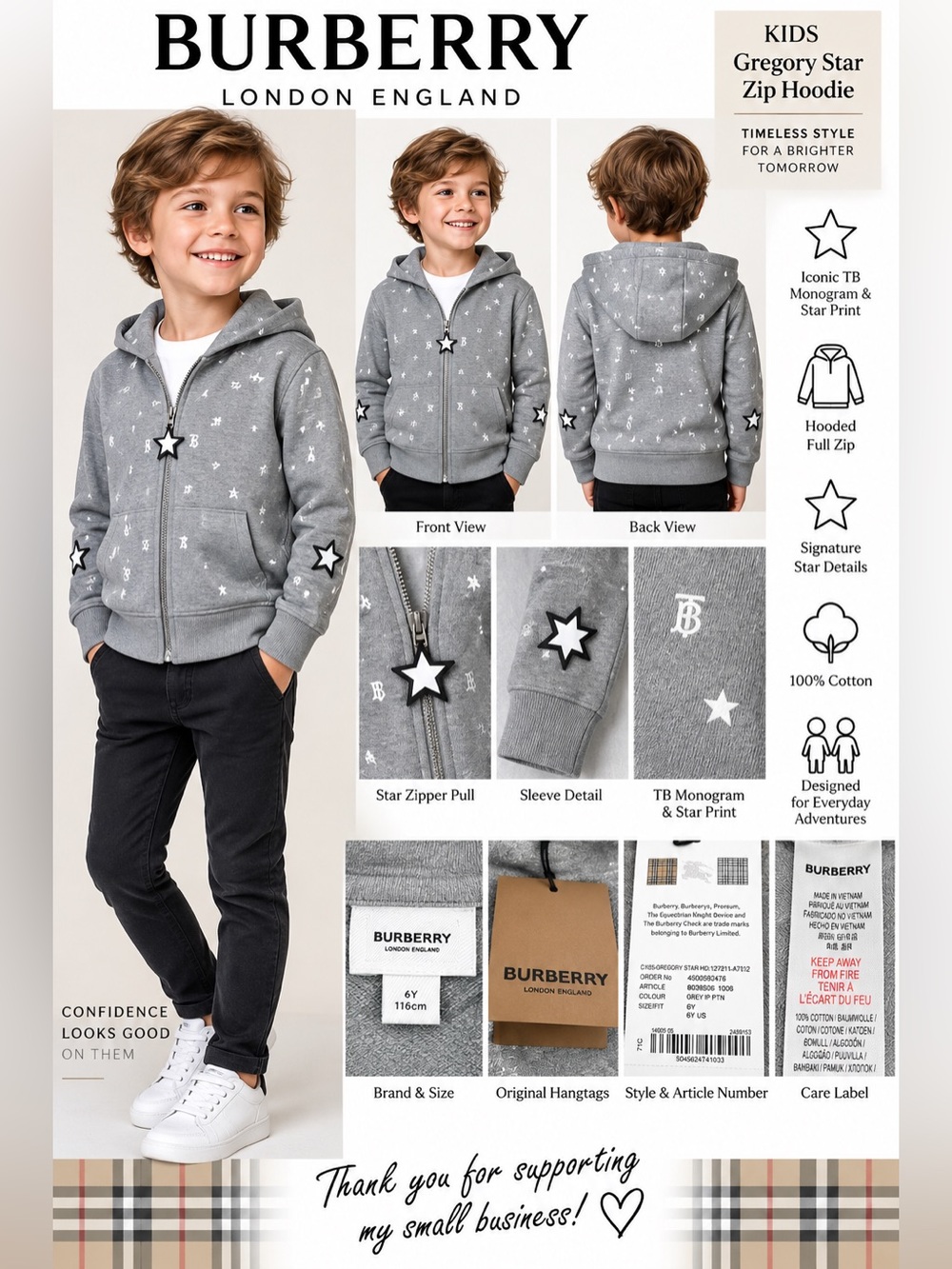 Burberry Kids Gregory Star TB Monogram Zip Hoodie Gray 6Y NWT